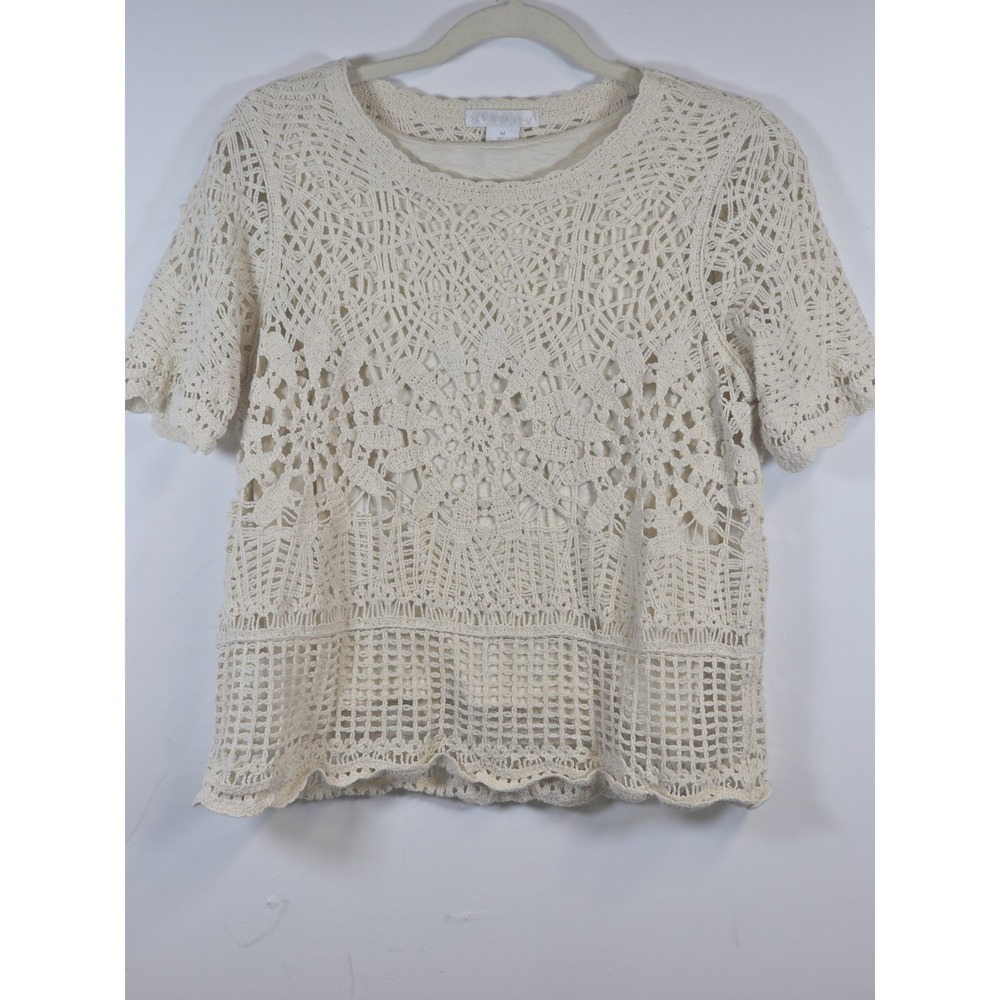 Design History Crochet Knit Boho Hippie Cotton Lined Cream Top Medium
